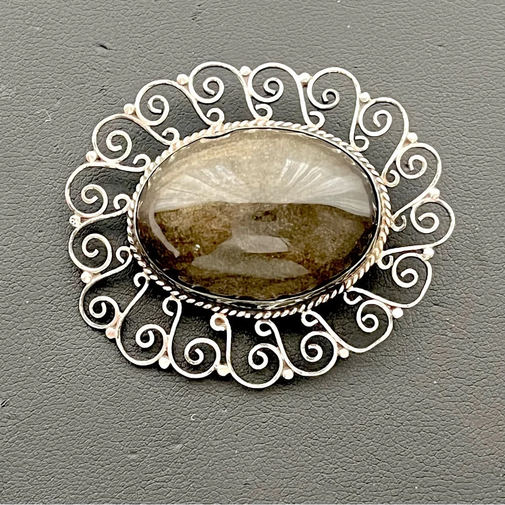 Los Ballesteros vintage sterling silver 925 obsidian brooch pin
